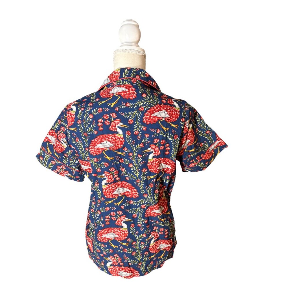 Printfresh Queen Lotus Button Down Pajama Top XS floral bird print navy shirt - Picture 6 of 8